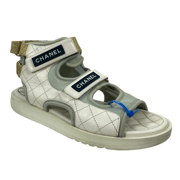 Chanel Goatskin Fabric Quilted Gladiator Dad Sandals White Gray Size 41C - Picture 1 of 13